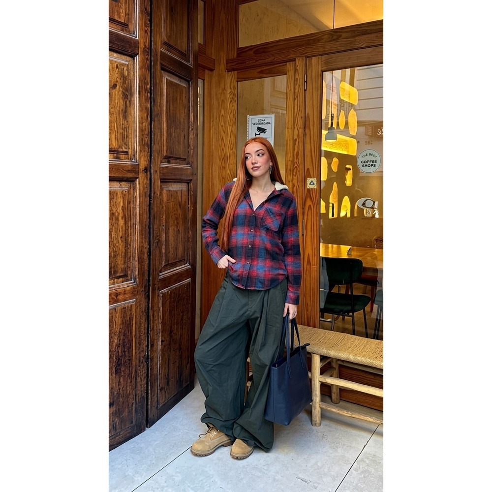 American Eagle Vintage Boyfriend Sherpa Lined Hooded Plaid Shirt Size M Grunge